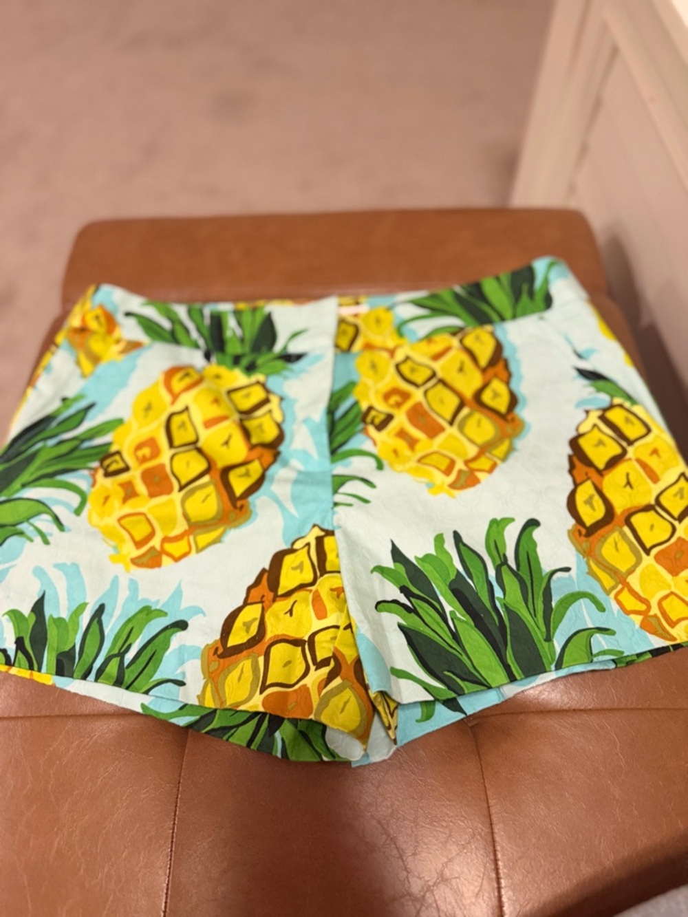 Trina Turk Pineapple-Print High-Waist Shorts in Yellow and Green